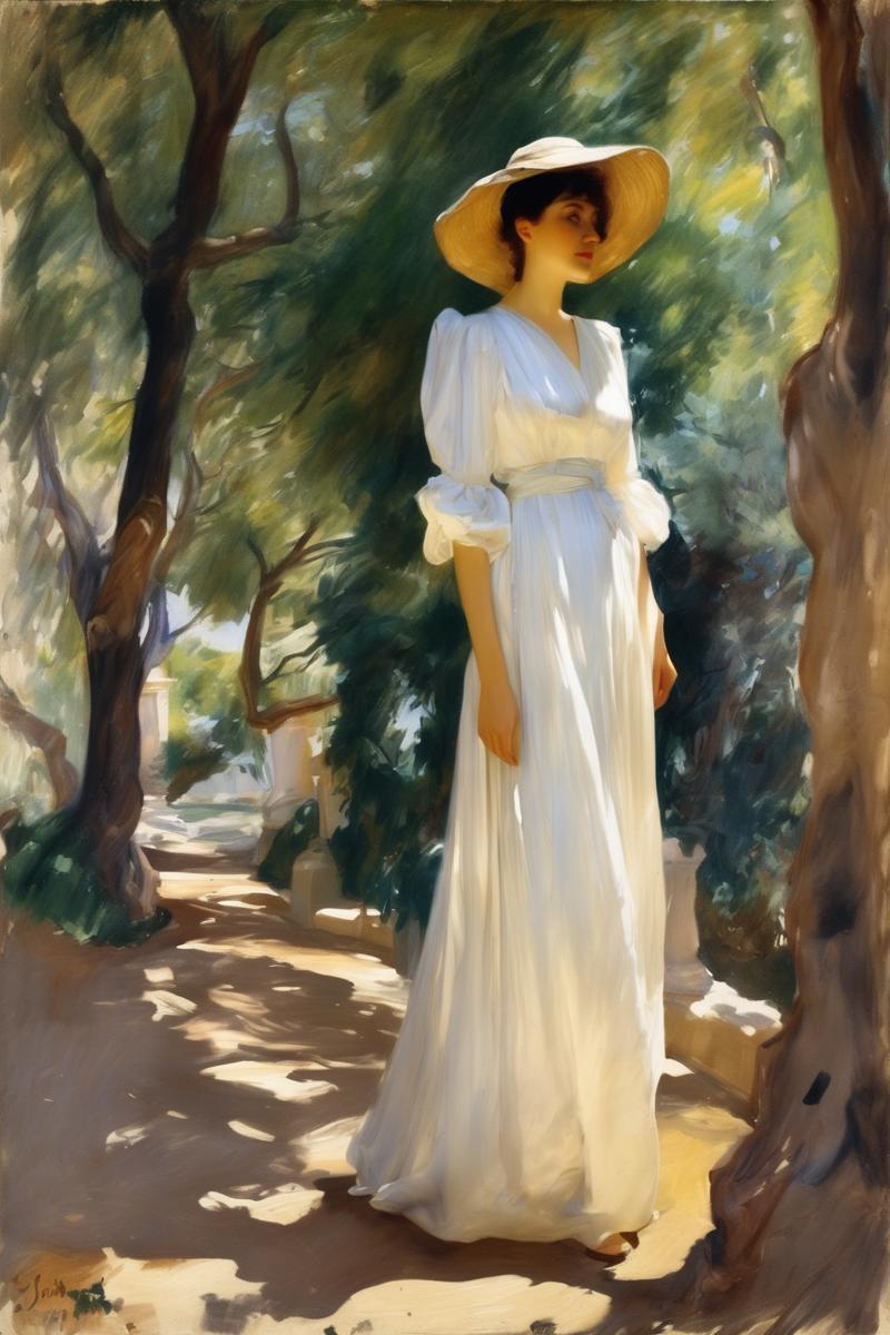 00393-3927463237-John Singer Sargent Style - a painting of woman in a white dress standing in dappled shade under Mediterranean trees in the styl.png